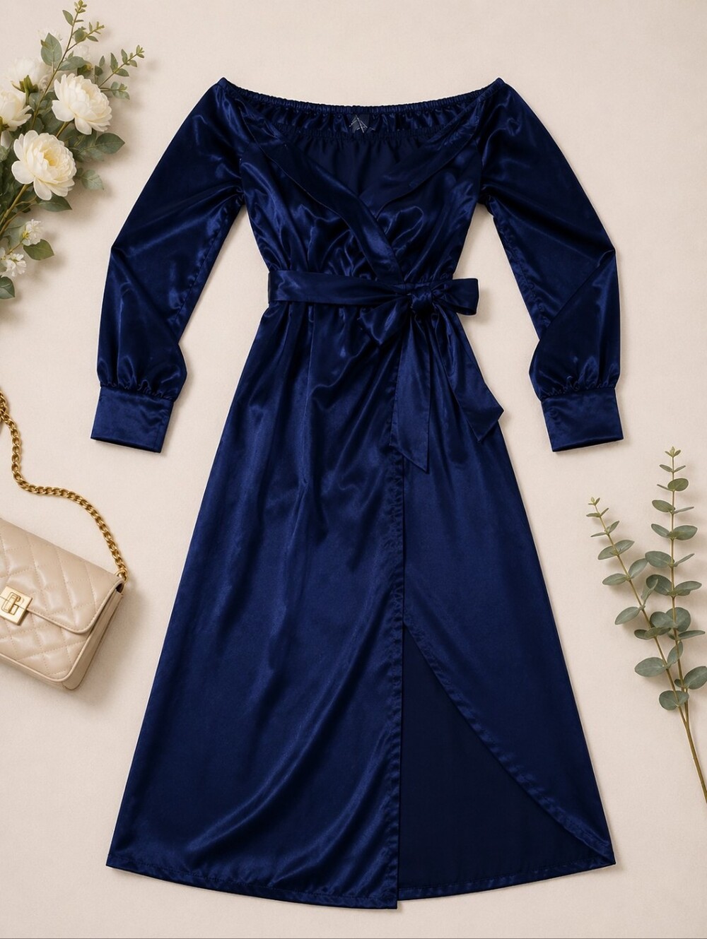 PrettyLittleThing Blue Long Sleeve Off-the-Shoulder Gown